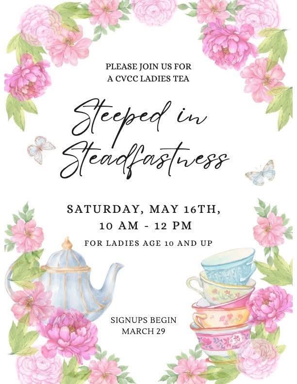 Steeped in Steadfastness Ladies Tea flyer with pink florals, teapot, and teacups.